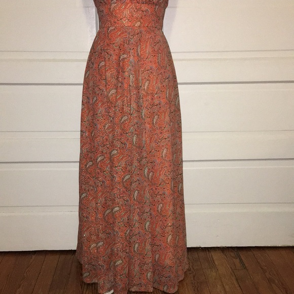Vintage Evening Dress Orange Paisley Gold Lame - Picture 3 of 8